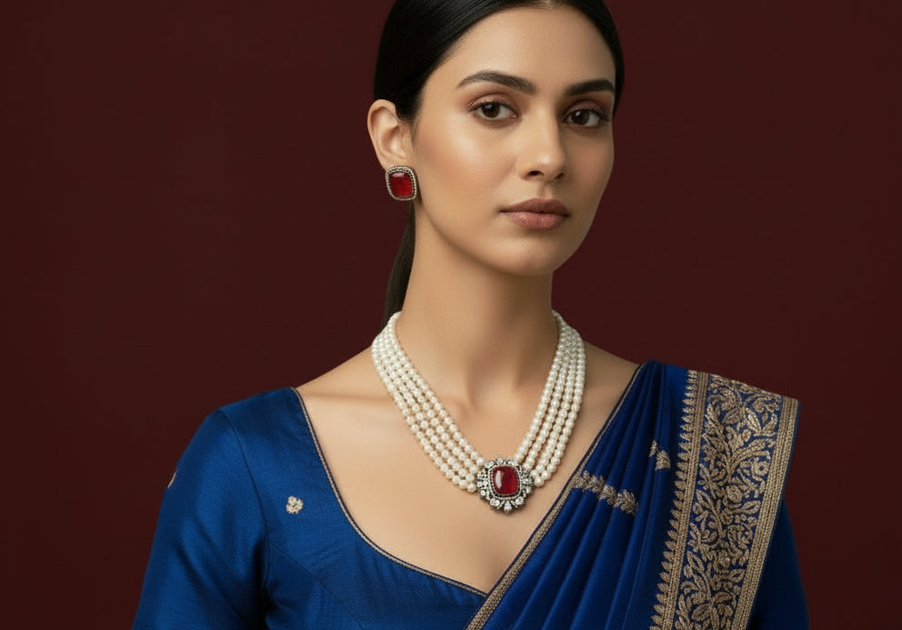 Opulent Multi-Strand Pearl Necklace Set with Antique Ruby Pendant