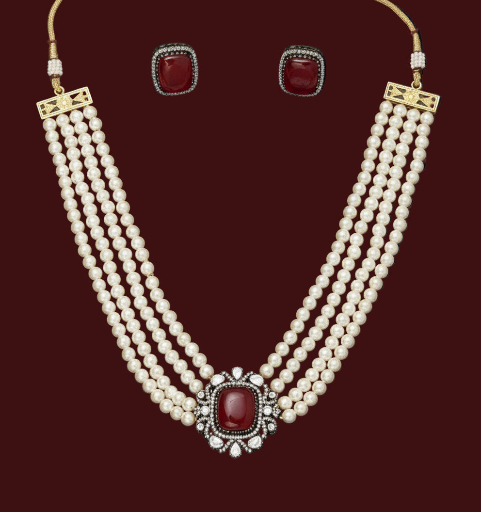 Opulent Multi-Strand Pearl Necklace Set with Antique Ruby Pendant