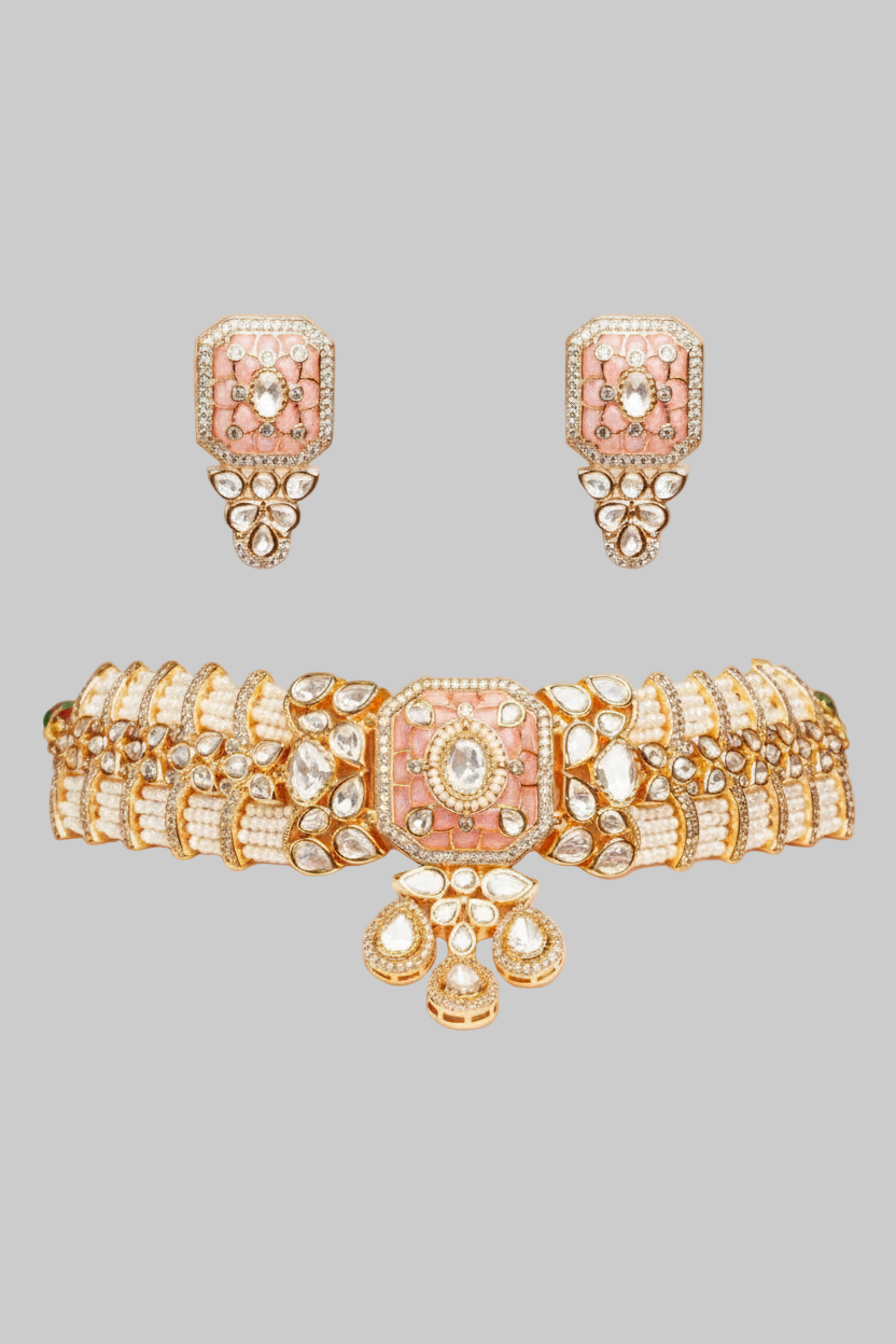 Peach Kundan Polki Necklace & Earrings set