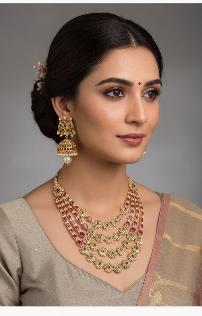 Exquisite Jadau Kundan Layered Necklace Set with Ruby and Jhumkas